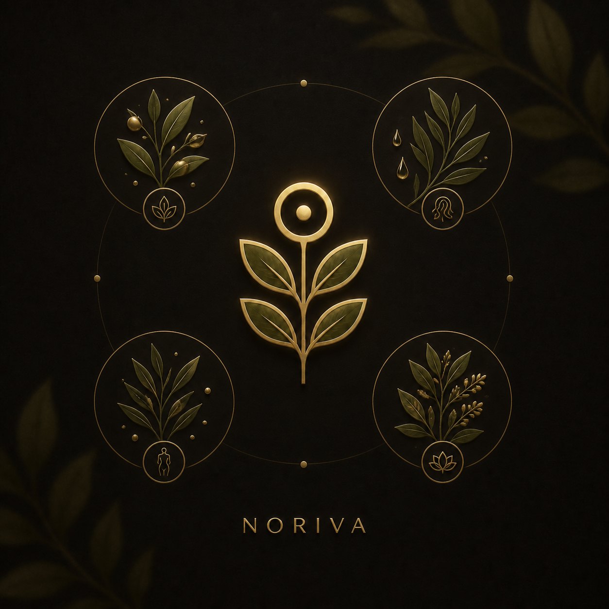 NORIVA brand board with botanical and wellness emblems in gold on deep green