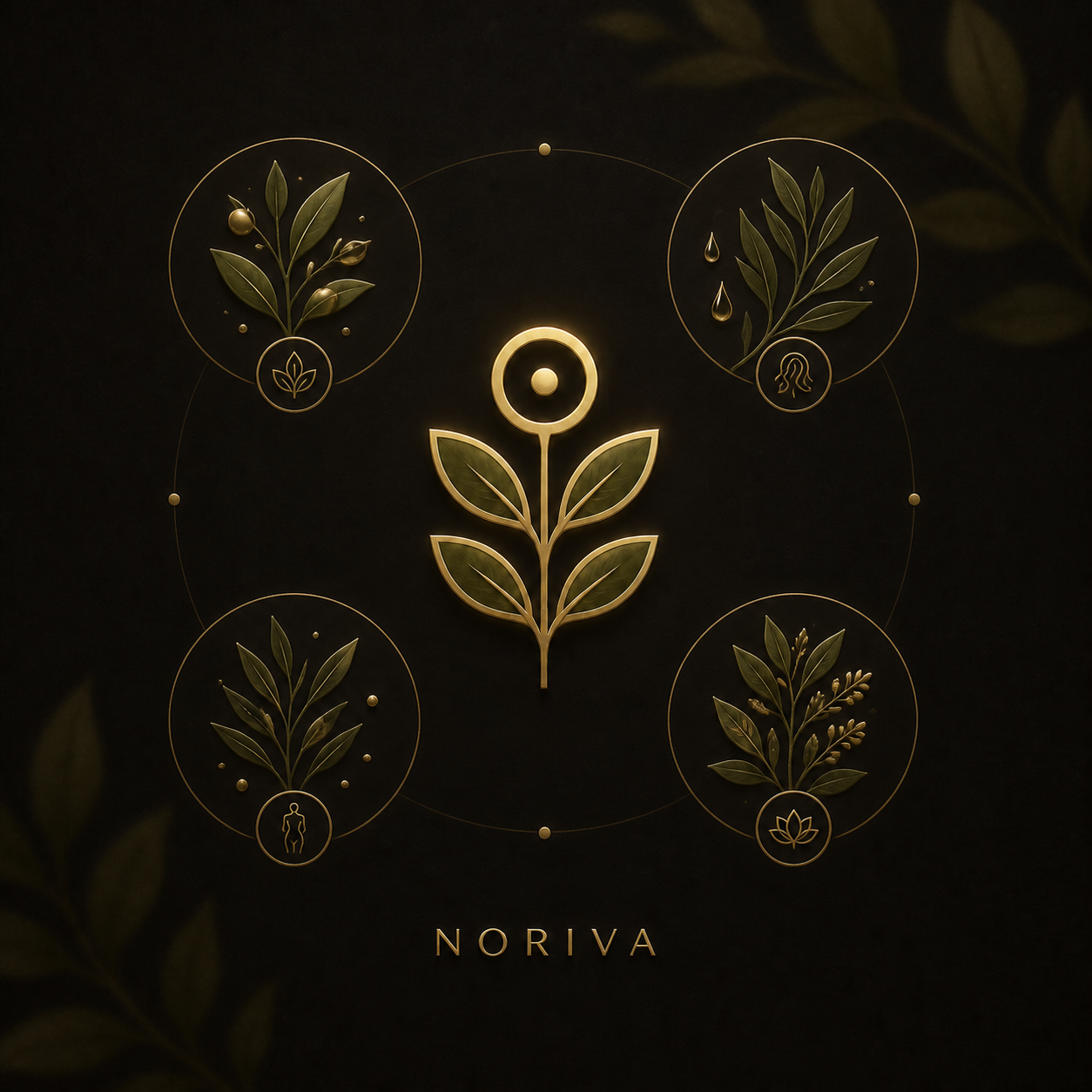 NORIVA brand board of botanical and wellness emblems in gold on deep green