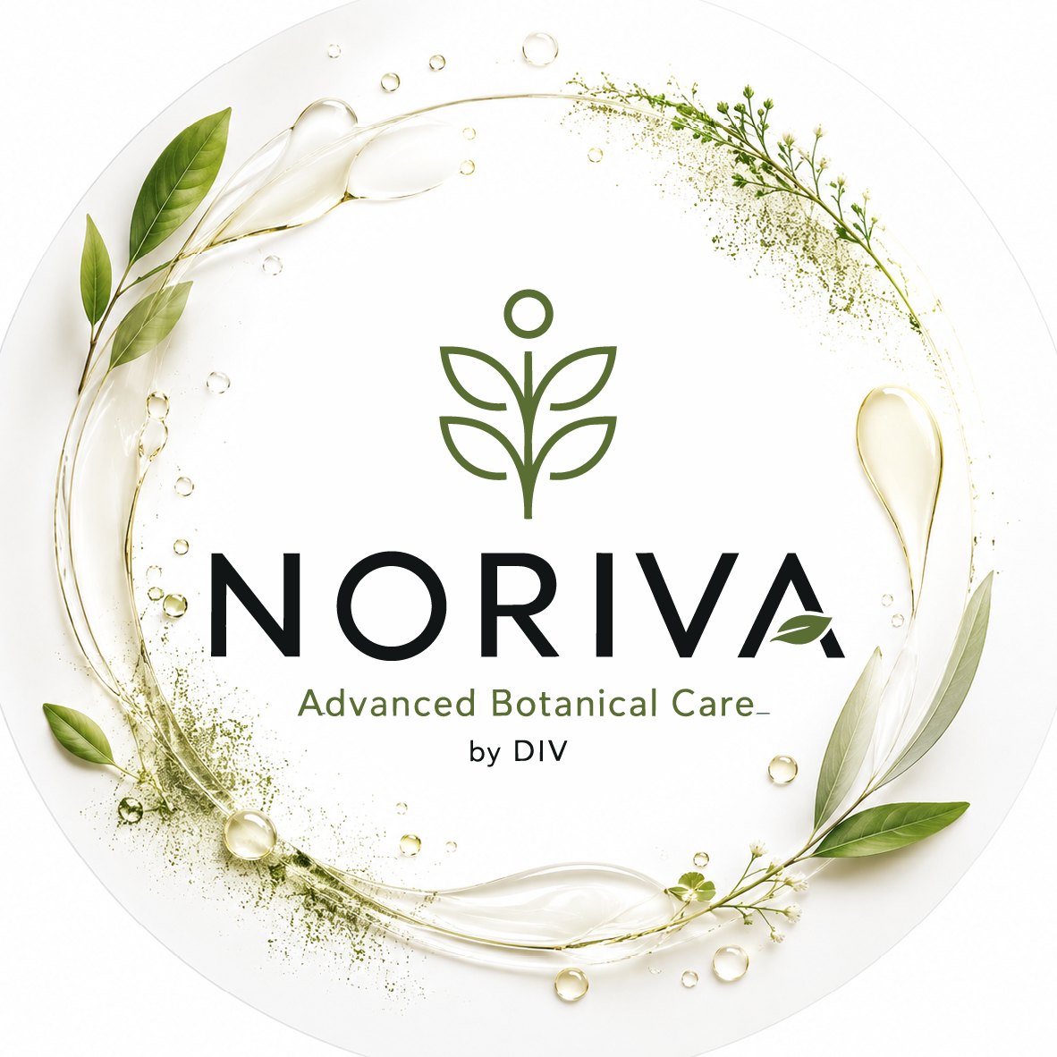 NORIVA botanical emblem surrounded by olive leaves and water droplets